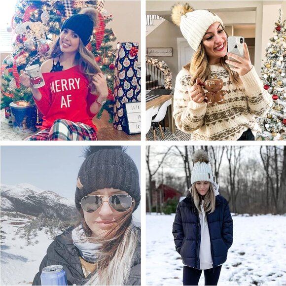 Womens Winter Knitted Beanie Hat with Faux Fur Pom Warm Knit Skull Cap Beanie fo - Picture 6 of 6